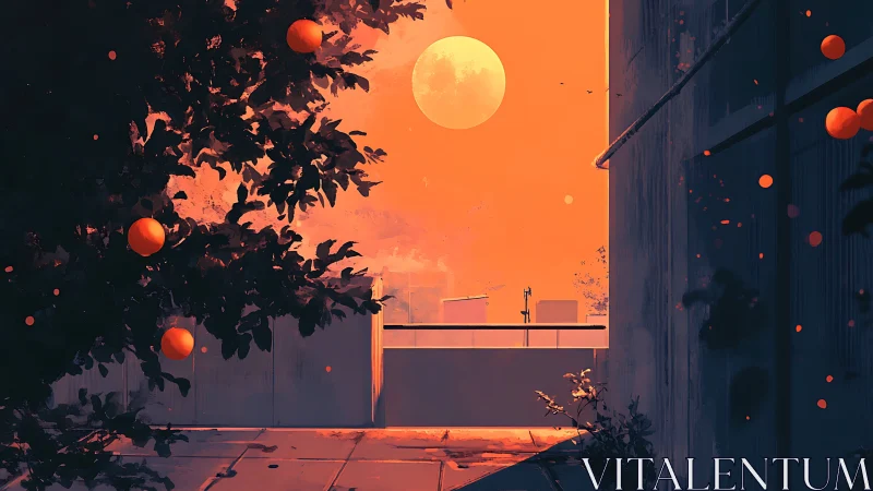 Moonrise over rooftop orchard in glowing tangerine dusk.