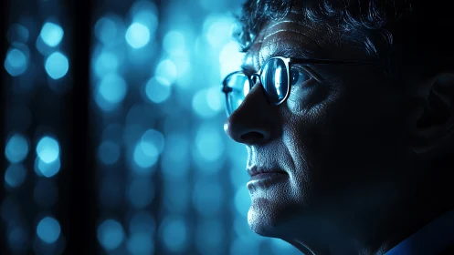 Midnight thinker framed in sapphire circuitry glow.