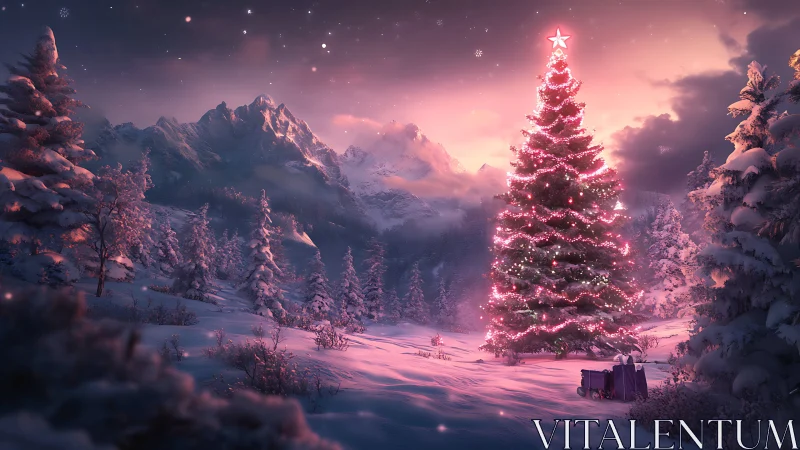 Snowy alpine valley glows around luminous Christmas tree