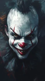 Sinister clown portrait glows from deep shadowed background