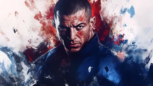 Digital portrait of stern man amid red and blue paint.