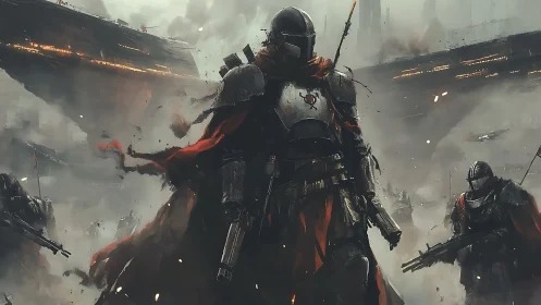 Armored shocktrooper vanguard in smoldering orbital warzone.