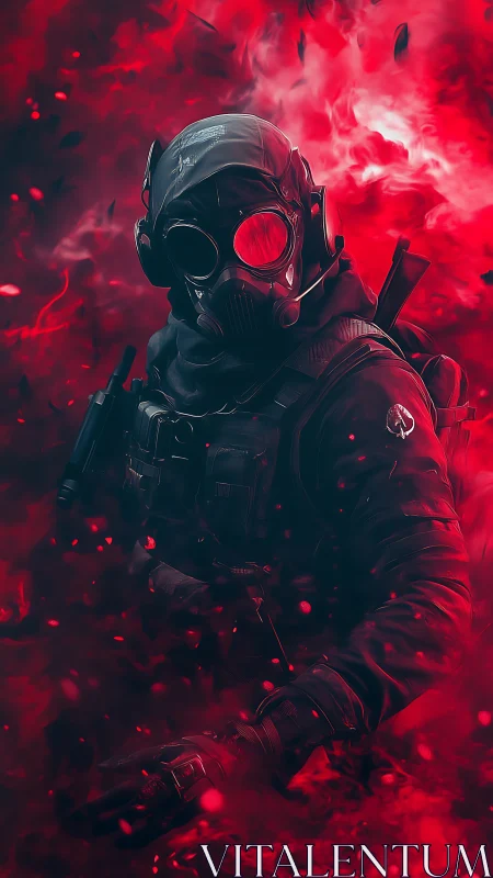 Masked special ops soldier advances through burning crimson haze
