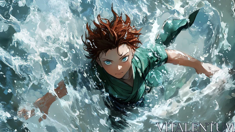 Red haired figure moving through turbulent water surface.