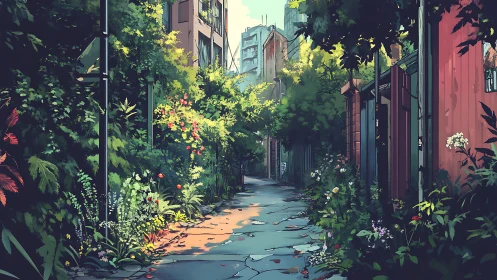 Overgrown urban alleyway glows under warm evening light.
