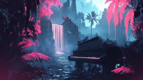 Neon jungle piano beside waterfall under cyan mist