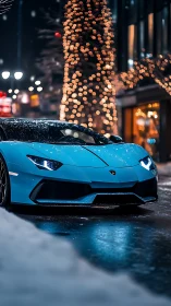 Ice-blue supercar prowls a neon winter city street at night.