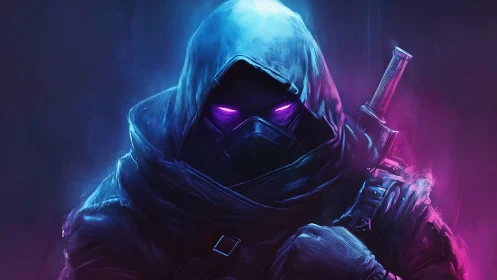 Hooded cyber ninja with glowing purple eyes in neon fog.