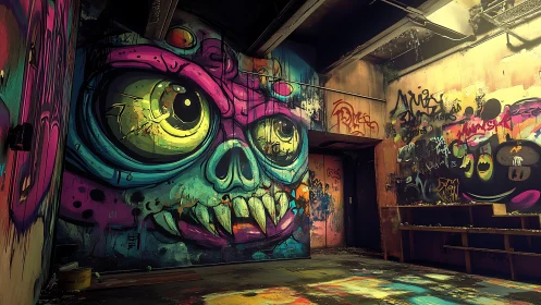 Graffiti skull mural dominates abandoned industrial interior