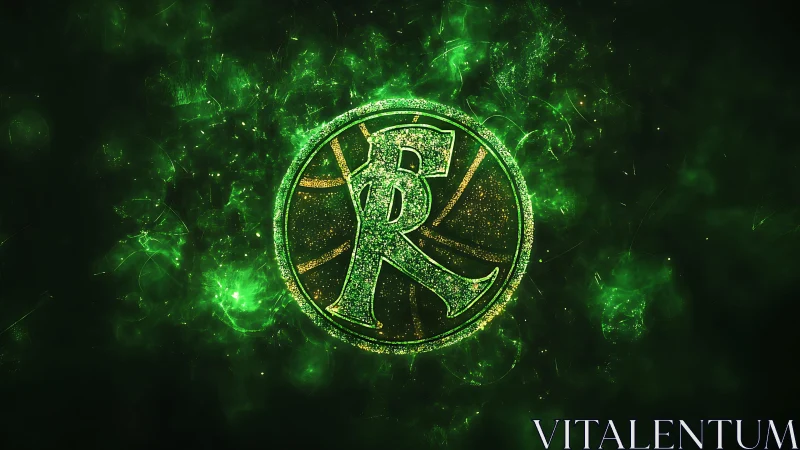 Glowing green letter R emblem emerges in cosmic energy haze