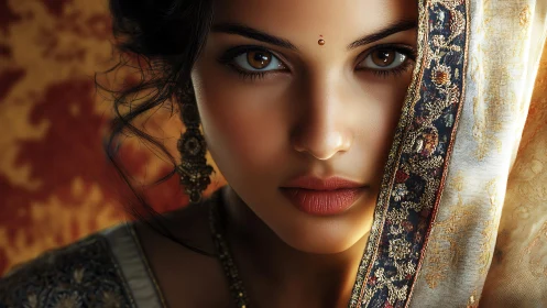 Portrait centers luminous gaze framed by ornate embroidered veil