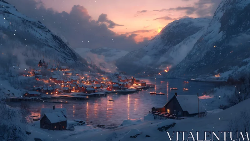 Snowlit fjord village aglow with ember-bright winter hush.
