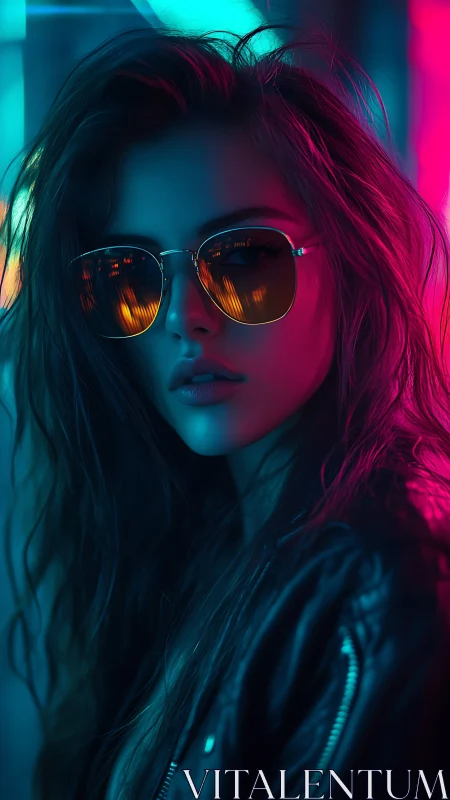 Neon-lit woman in sunglasses observes city lights at night