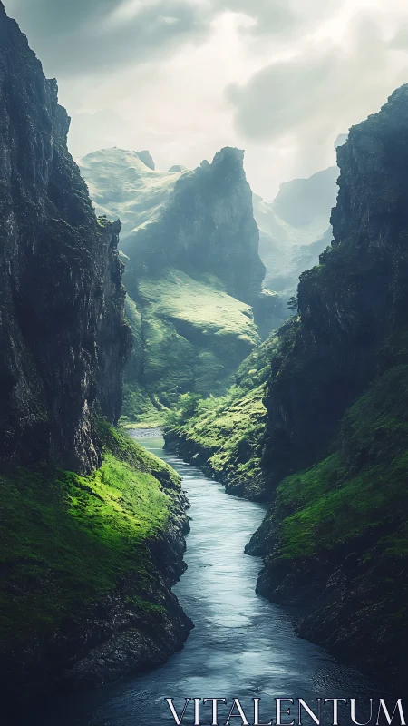 Misty river gorge between sheer mossy cliffs at dawn.