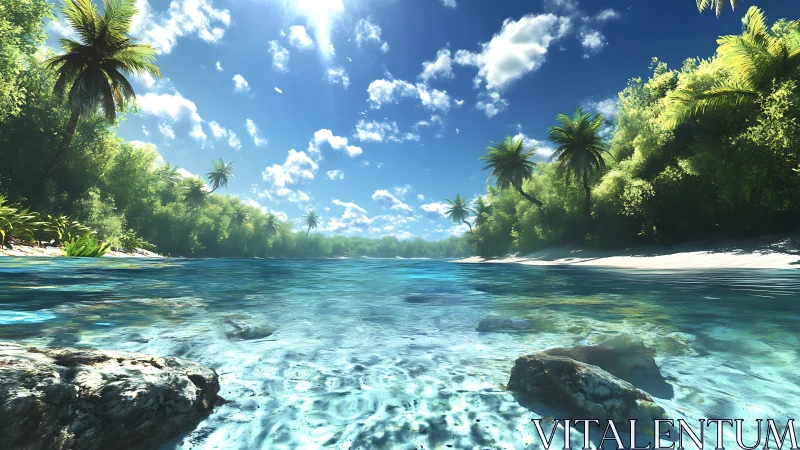 Tropical Lagoon with Palm-Lined Shoreline and Crystal Clear Turquoise Waters