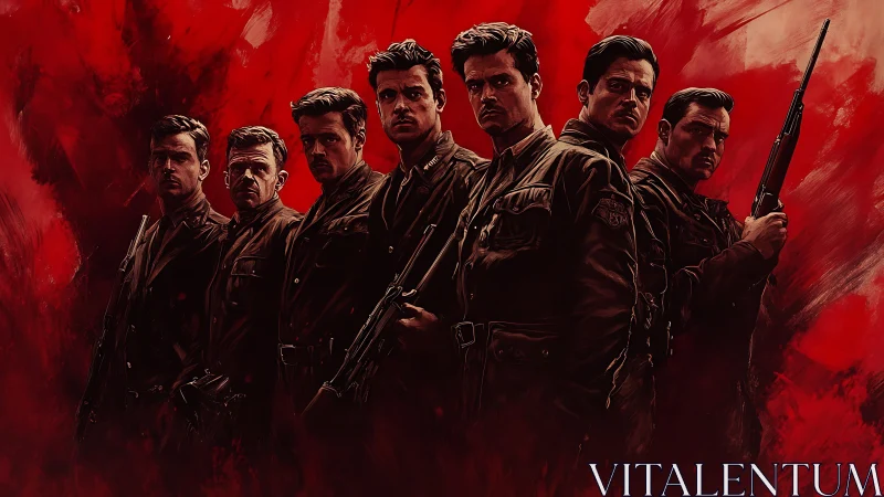 Seven soldiers stand against blood-red abstract battlefield