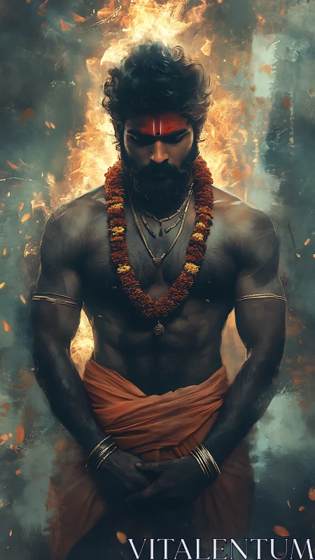 Ascetic warrior in fiery aura rendered as moody digital painting