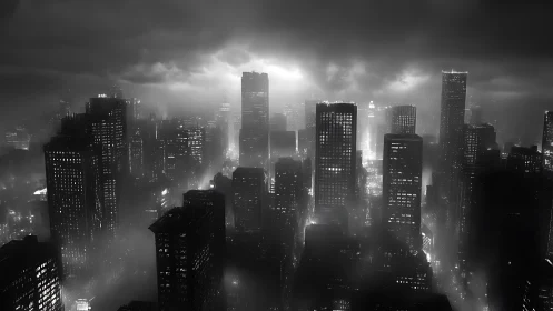 Dark foggy city skyline with glowing lights at night.
