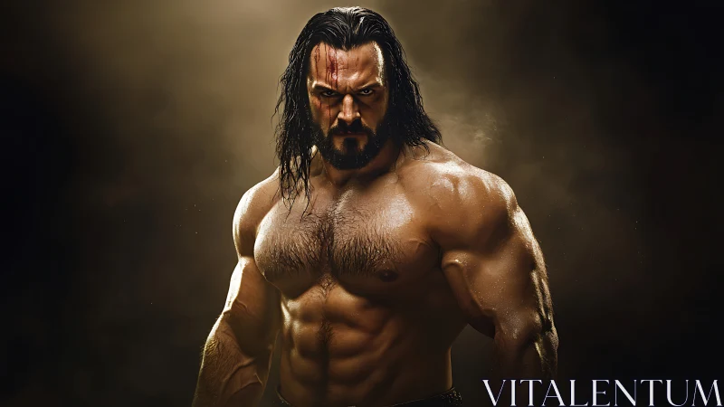 Cinematic low key portrait of muscular warrior under rim light.