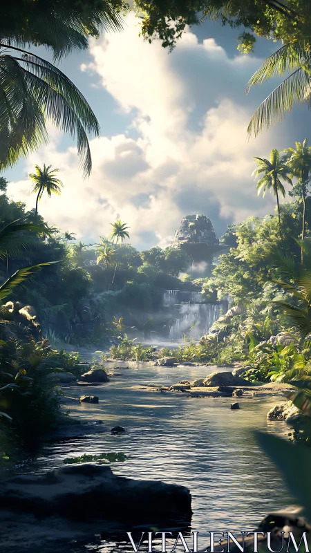 Hidden jungle cascade and sky-bright river sanctuary.