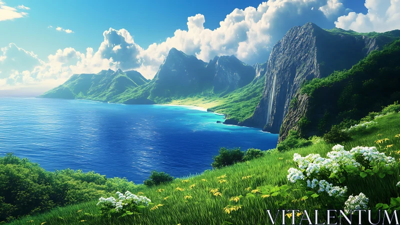 Sunlit cliffside cove with lush flowers and turquoise sea.