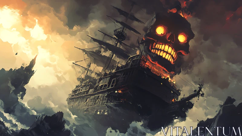 Haunted warship sails stormy abyss with flaming skull prow