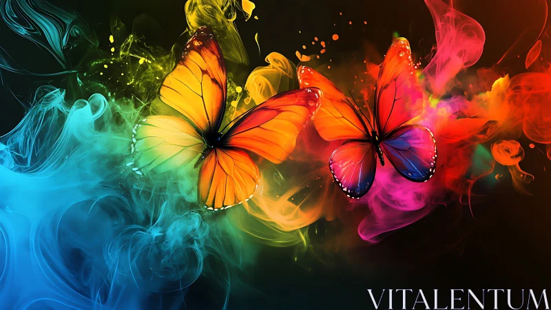 Digital butterflies with multicolored smoke dispersion effect.