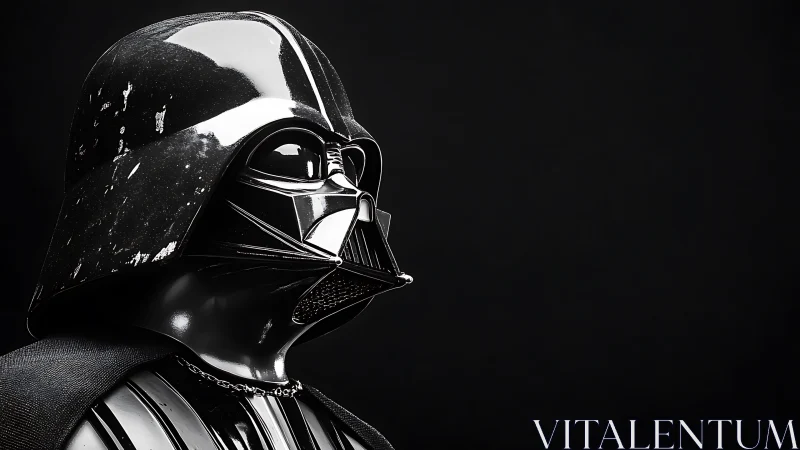 Black armored sci fi figure in reflective helmet profile view