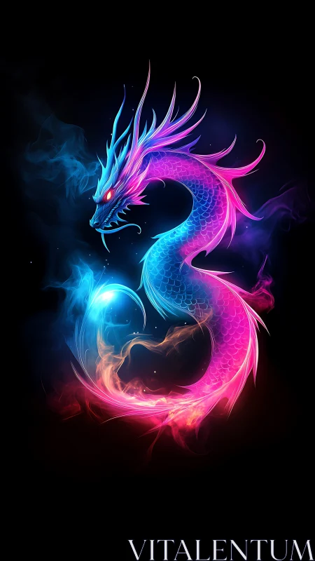 Neon blue and pink dragon coiled in glowing smoke.