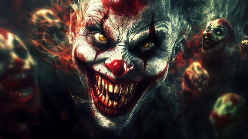 Grotesque clown faces emerge from a dark, smoky background