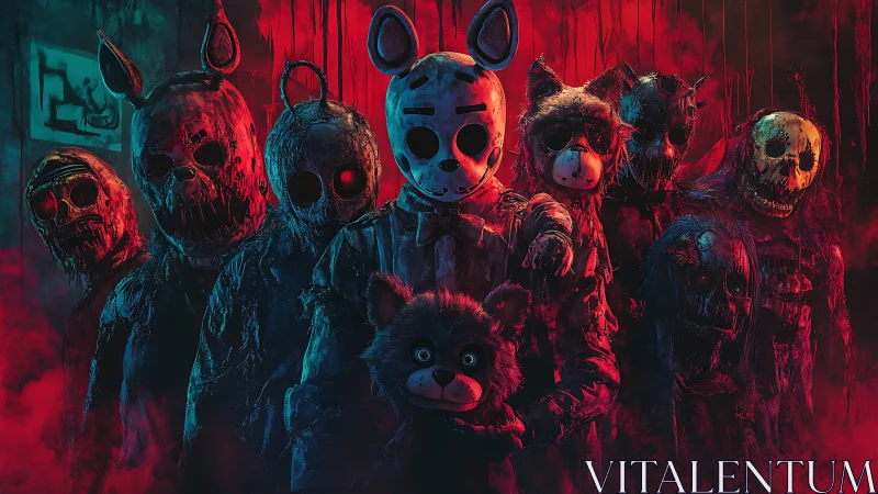 Masked horror cult emerges from red and teal shadows.