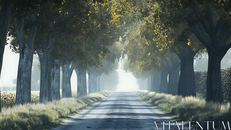 Tree-lined country road vanishing into soft morning fog.