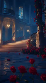 Grand interior staircase is illuminated and covered with roses