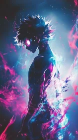 Glowing anime hero rising in swirling neon blue and pink light.