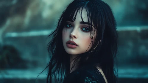 Moody portrait of a young woman in teal twilight calm