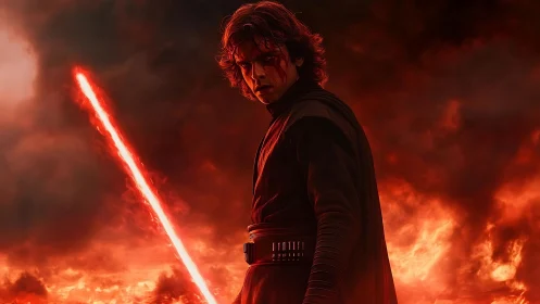 Sith warrior ignites red lightsaber amid blazing inferno.