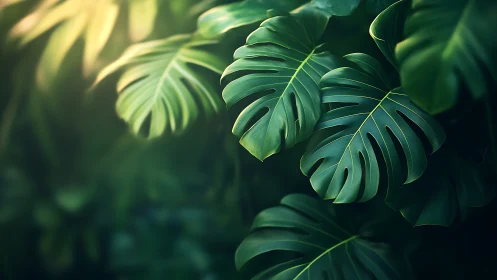 Monstera leaves glowing with soft tropical backlight detail.