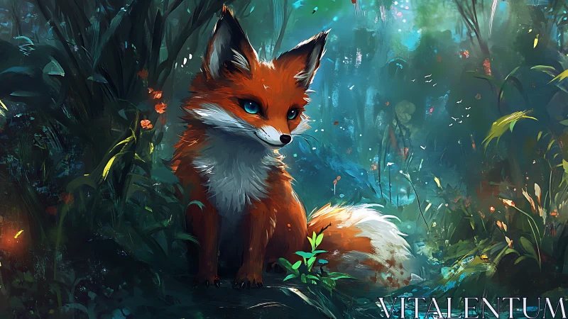 Gentle fox resting in a glowing, storybook forest corner.