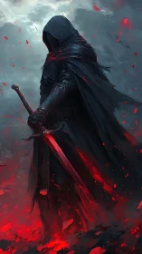 Hooded dark knight grips bloodlit sword amid stormfire