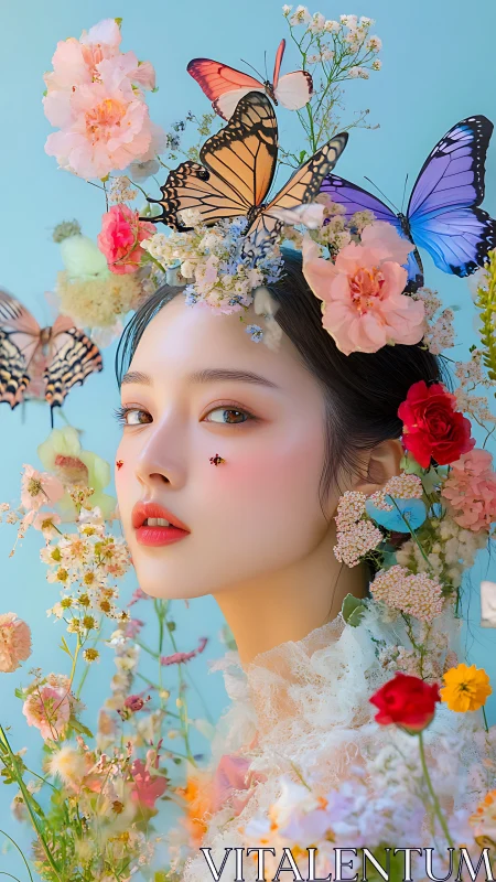 Floral portrait of young woman crowned with vivid butterflies.