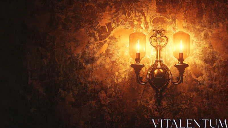 Vintage brass double sconce on textured patina wall, lit warm