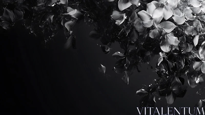 Monochrome digital petals cascading across dark void.