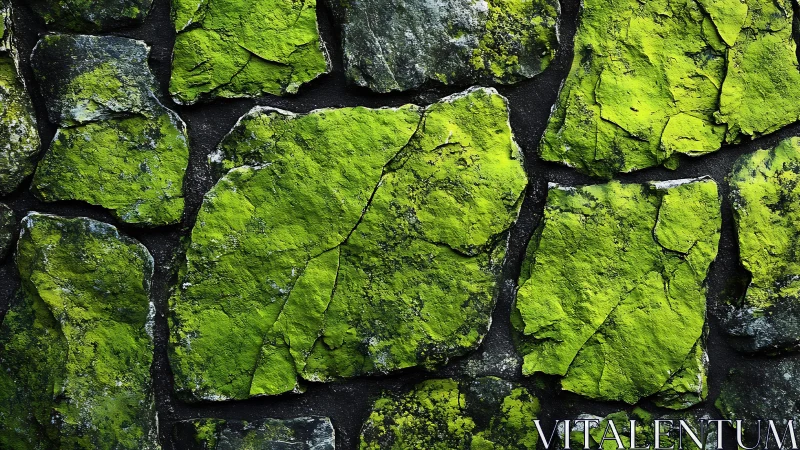 Vibrant moss-covered stone wall in natural textured close-up.