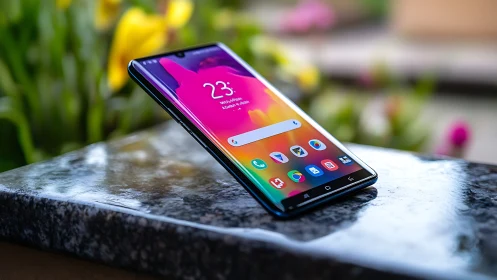 Vibrant Smartphone Display with Gradient Wallpaper on Stone Surface
