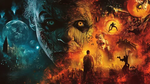 Fiery nightmare landscape collides with eerie moonlit terror