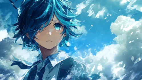 Blue haired anime youth in windswept cloudscape under sky