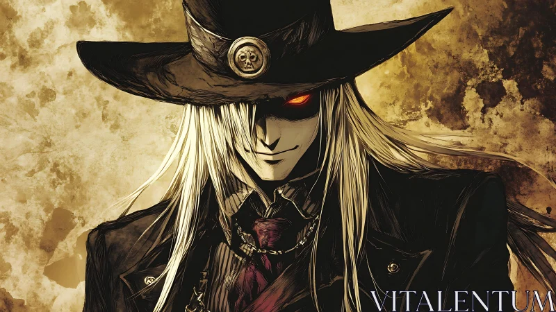 Sinister gunslinger vampire smiles in sepia gothic haze