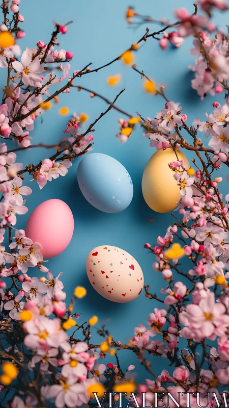 Pastel Easter eggs surrounded by blooming cherry branches.