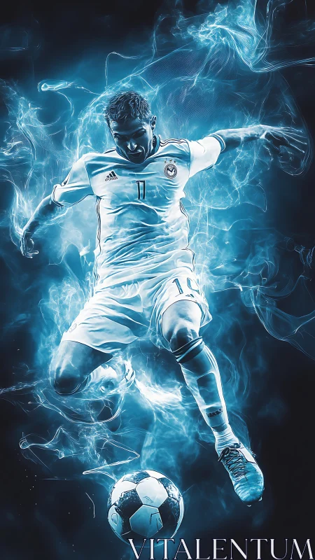 Dynamic neon-lit footballer executes mid-air strike in blue haze