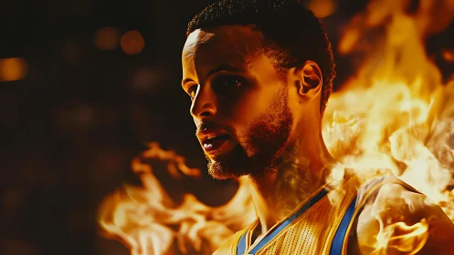 Flaming court legend gazes ahead through molten arena haze